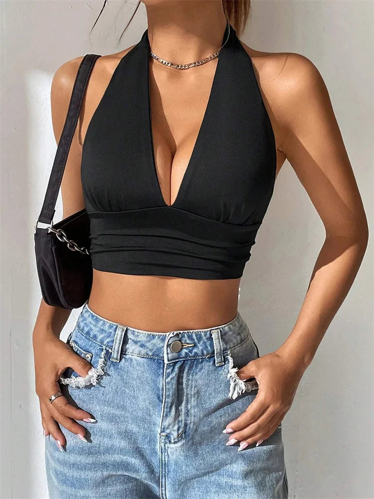 Sleeveless Backless Deep V-Neck Halter Top Women Summer 2024 Club Party Sexy Solid Color Crop Tops Streetwear Y2K Clothes