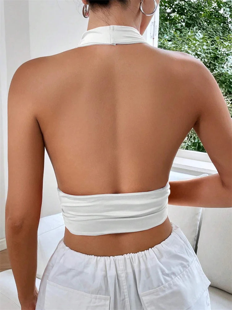 Sleeveless Backless Deep V-Neck Halter Top Women Summer 2024 Club Party Sexy Solid Color Crop Tops Streetwear Y2K Clothes