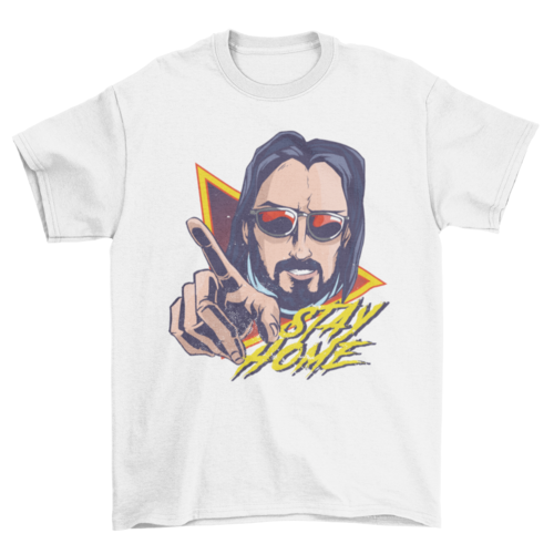 Cool man wearing sunglasses with STAY HOME quote T-shirt