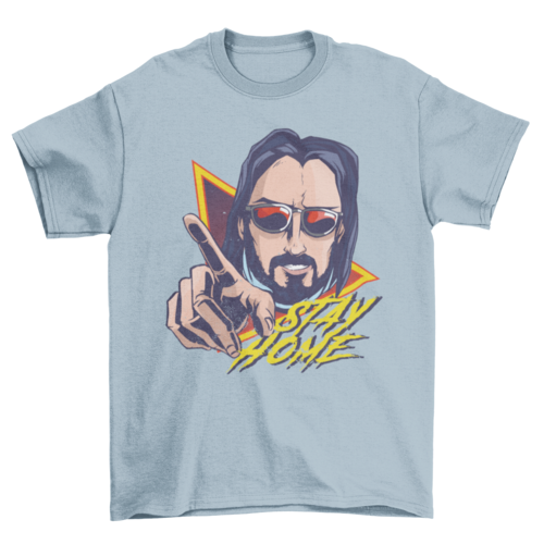 Cool man wearing sunglasses with STAY HOME quote T-shirt
