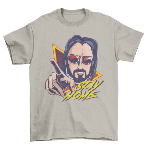 Cool man wearing sunglasses with STAY HOME quote T-shirt