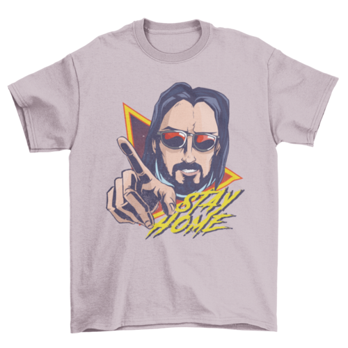Cool man wearing sunglasses with STAY HOME quote T-shirt