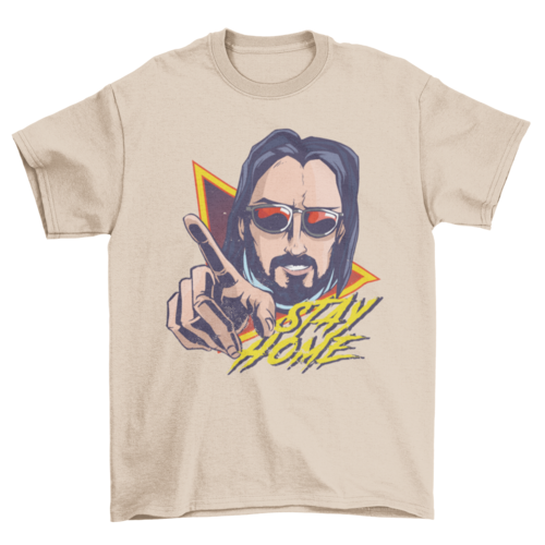 Cool man wearing sunglasses with STAY HOME quote T-shirt